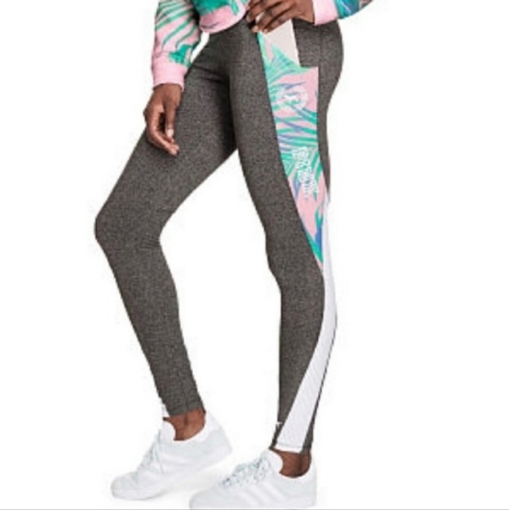 VS PINK Yoga Mesh Marl Grey Palm Print Pocket Leggings EUC sz S